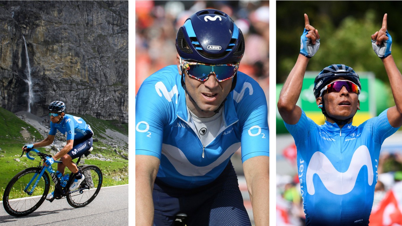 Mikel Landa (vľavo), Alejandro Valverde (uprostred) a Nairo Quintana povedú Movistar na Tour de France.
