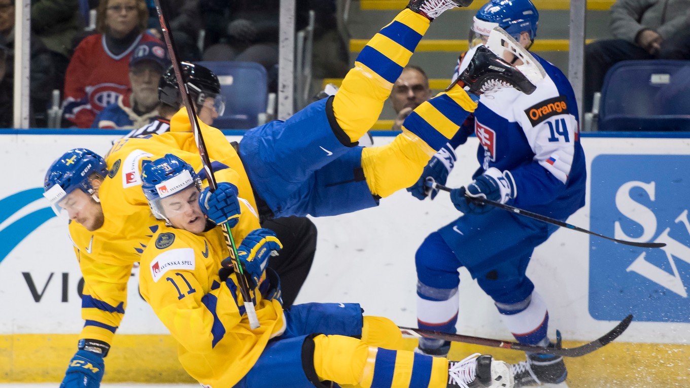 Momentka zo zápasu Slovensko - Švédsko na MS v hokeji do 20 rokov 2019.