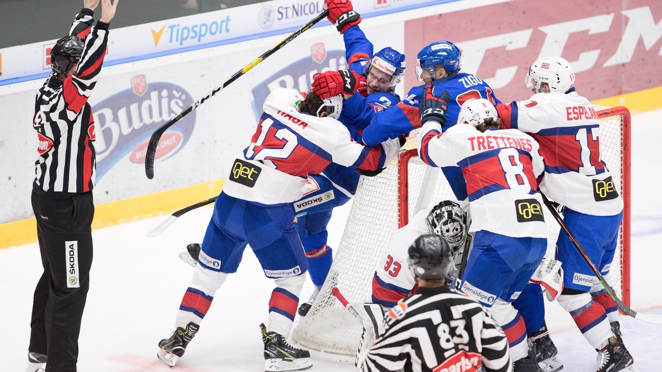 Momentka zo zápasu Slovensko - Nórsko v príprave na MS v hokeji 2019.