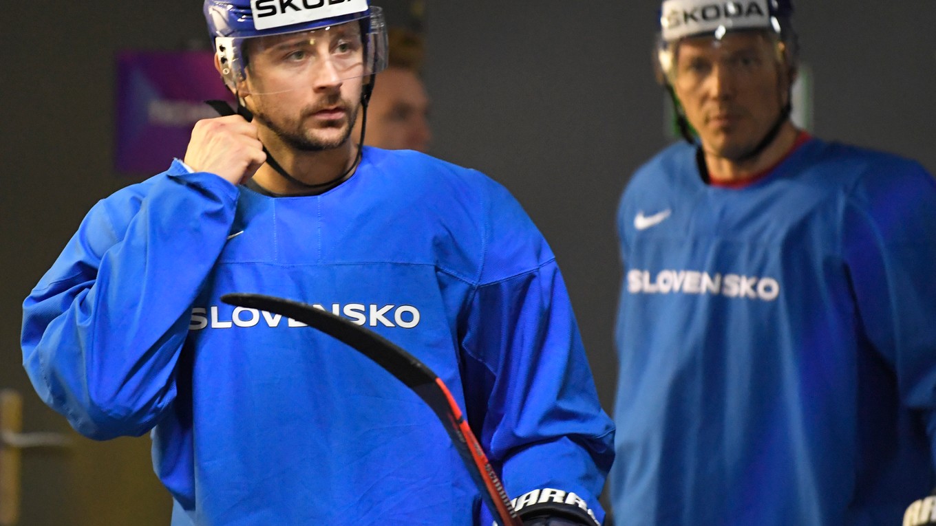 Tomáš Tatar (vľavo) a Ladislav Nagy počas tréningu slovenskej hokejovej reprezentácie na 83. majstrovstvách sveta v ľadovom hokeji v Košiciach 20. mája 2019.