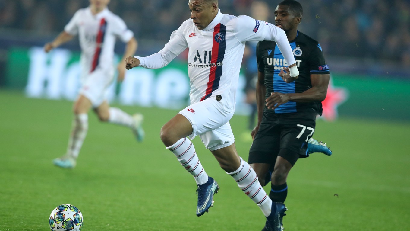 Kylian Mbappé v zápase Ligy majstrov 2019/2020 FC Bruggy - Paríž St. Germain.