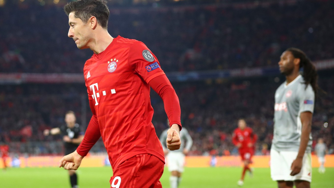 Robert Lewandowski, autor prvého gólu Bayernu v zápase proti Olympiakosu Pireus.