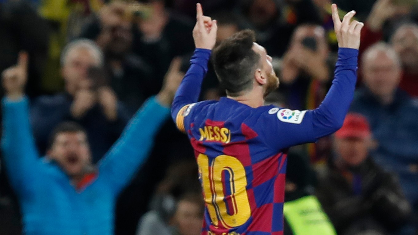 Lionel Messi po treťom góle v zápase 13. kola La Ligy 2019/2020 FC Barcelona - Celta Vigo.