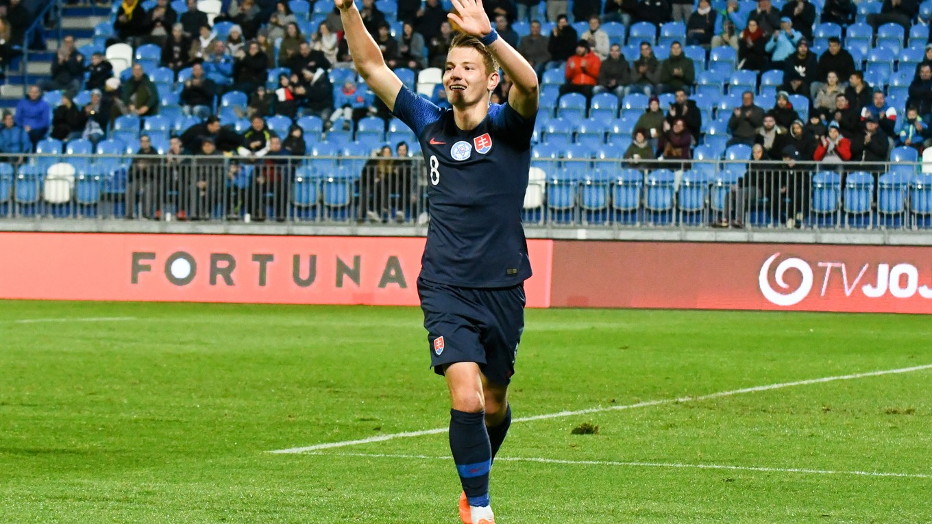 Radosť Martina Gamboša zo Slovenska po góle v kvalifikačnom futbalovom zápase 2. skupiny na ME 2021 do 21 rokov Slovensko - Gruzínsko.