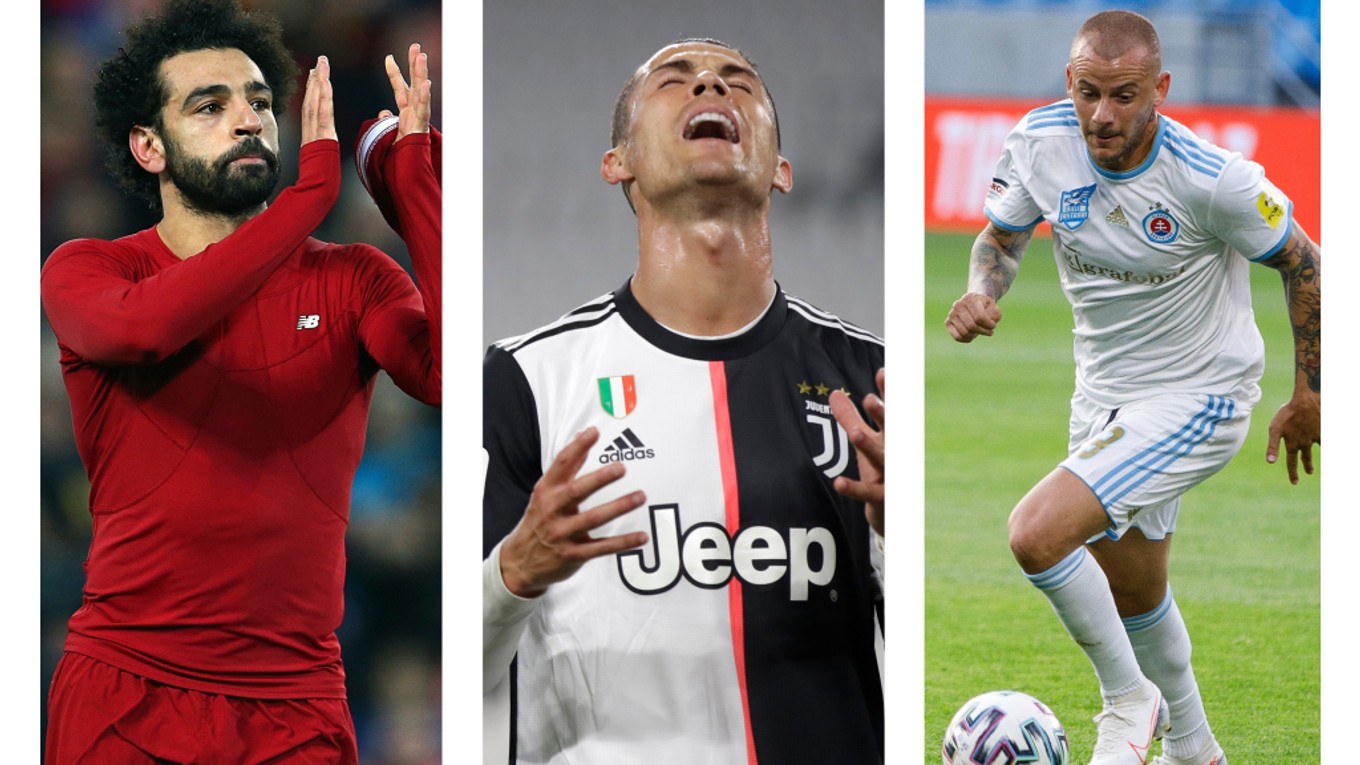 Zľava Mohamed Salah (Liverpool FC), Cristiano Ronaldo (Juventus Turín) a Vladimír Weiss ml. (Slovan Bratislava).