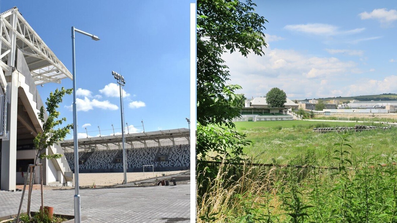 Súčasný stav. Rozostavaný košický futbalový štadión (vľavo) a miesto, kde má vyrásť prešovský.