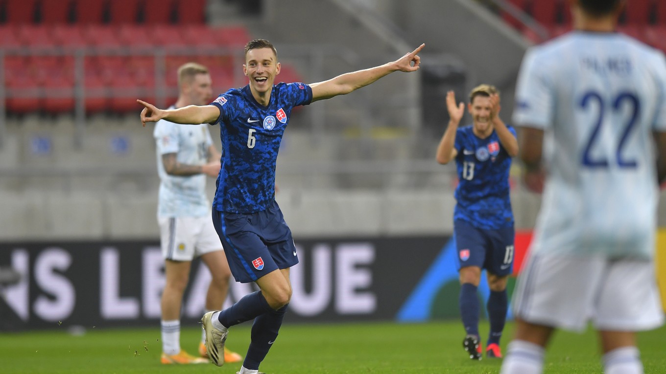 Ján Greguš po góle v zápase Slovensko - Škótsko, Liga národov 2020/2021.