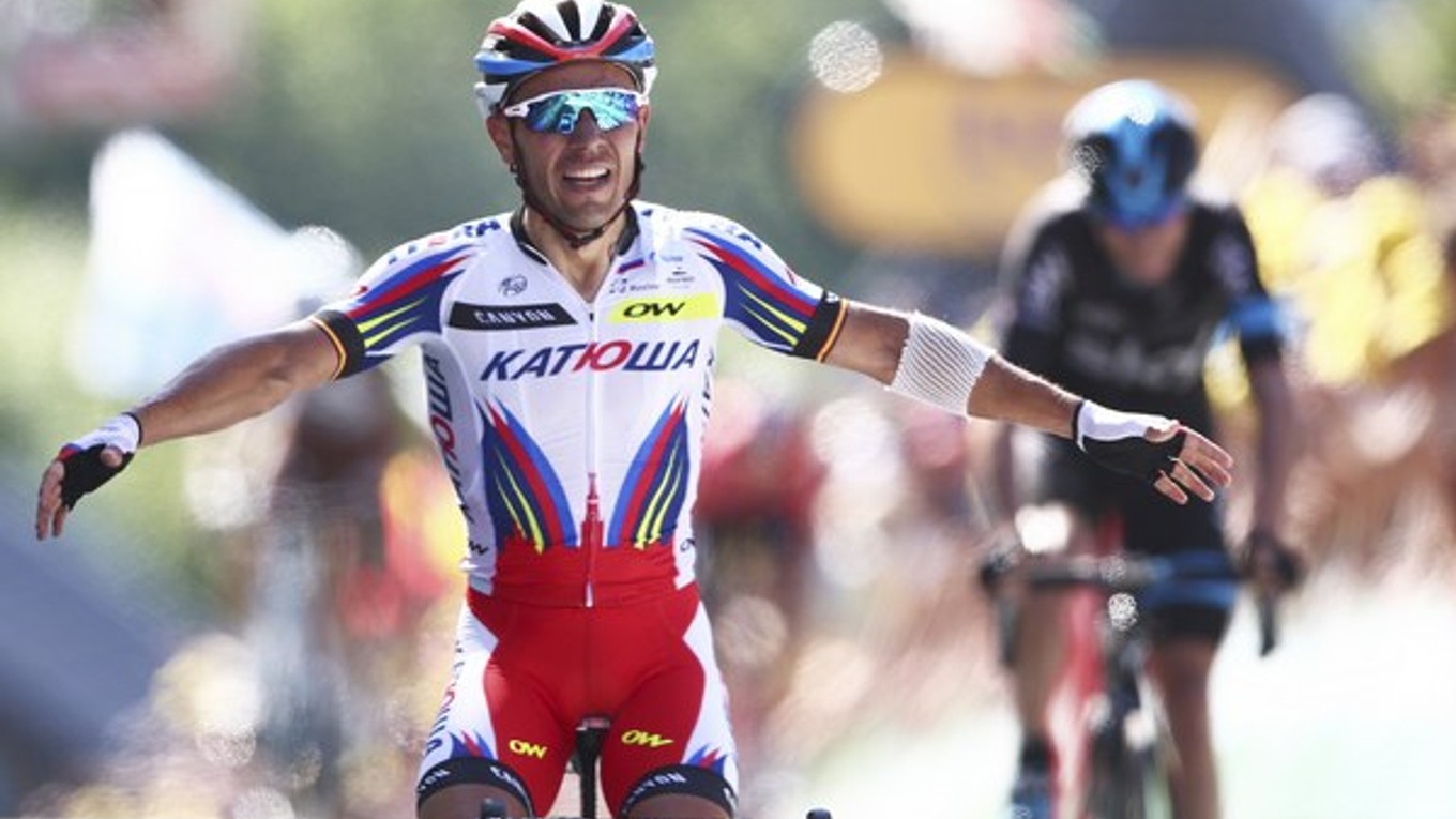Víťaz tretej etapy Joaquim Rodriguez z Kaťuše, ktorý zároveň získal bodkovaný dres pre najlepšieho vrchára.
