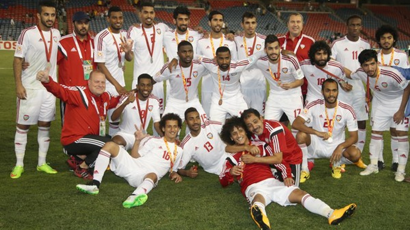 Futbalisti Spojených arabských emirátov po triumfe v zápase o 3. miesto.