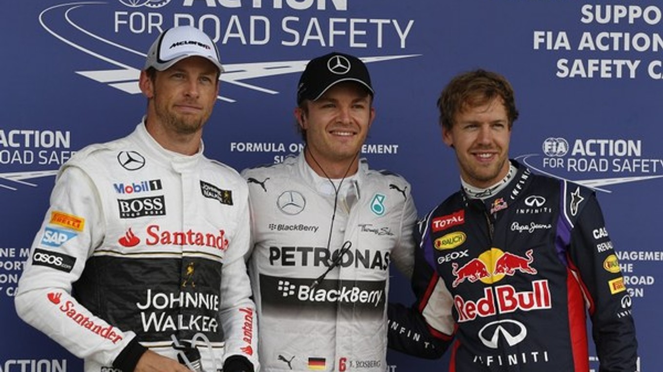 Prvý traja v kvalifikácii: Button, Rosberg a Vettel.