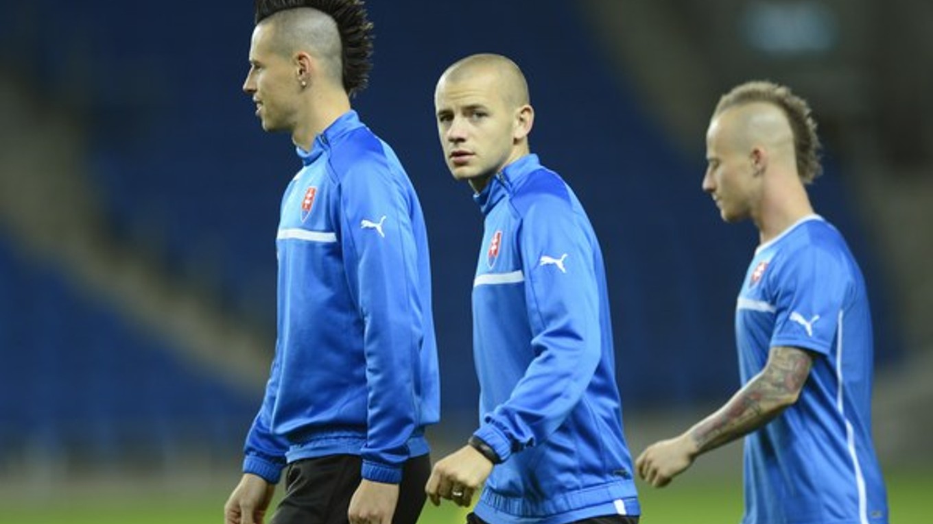 Na snímke zľava Marek Hamšík, Vladimír Weiss ml. a Miroslav Stoch.