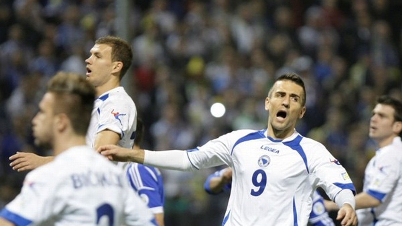 Vedad Ibiševič (vpravo) oslavuje svoj gól Lichtenštajnsku.