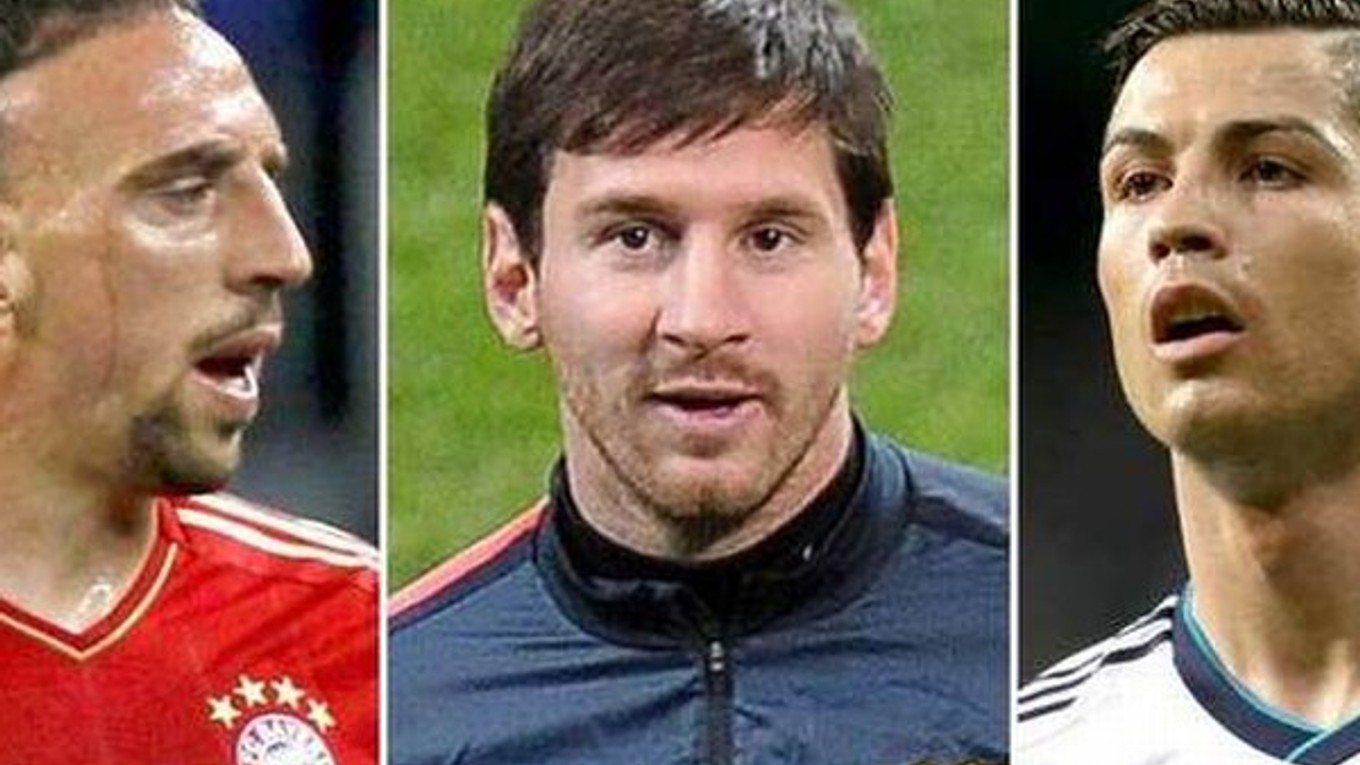 Ribéry, Messi a Ronaldo (zľava).