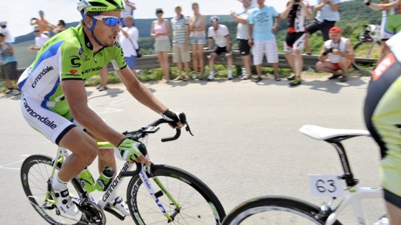 Peter Sagan počas pretekov s hromadným štartom na spoločných majstrovstvách Slovenska a Českej republiky. Dubnica nad Váhom.
