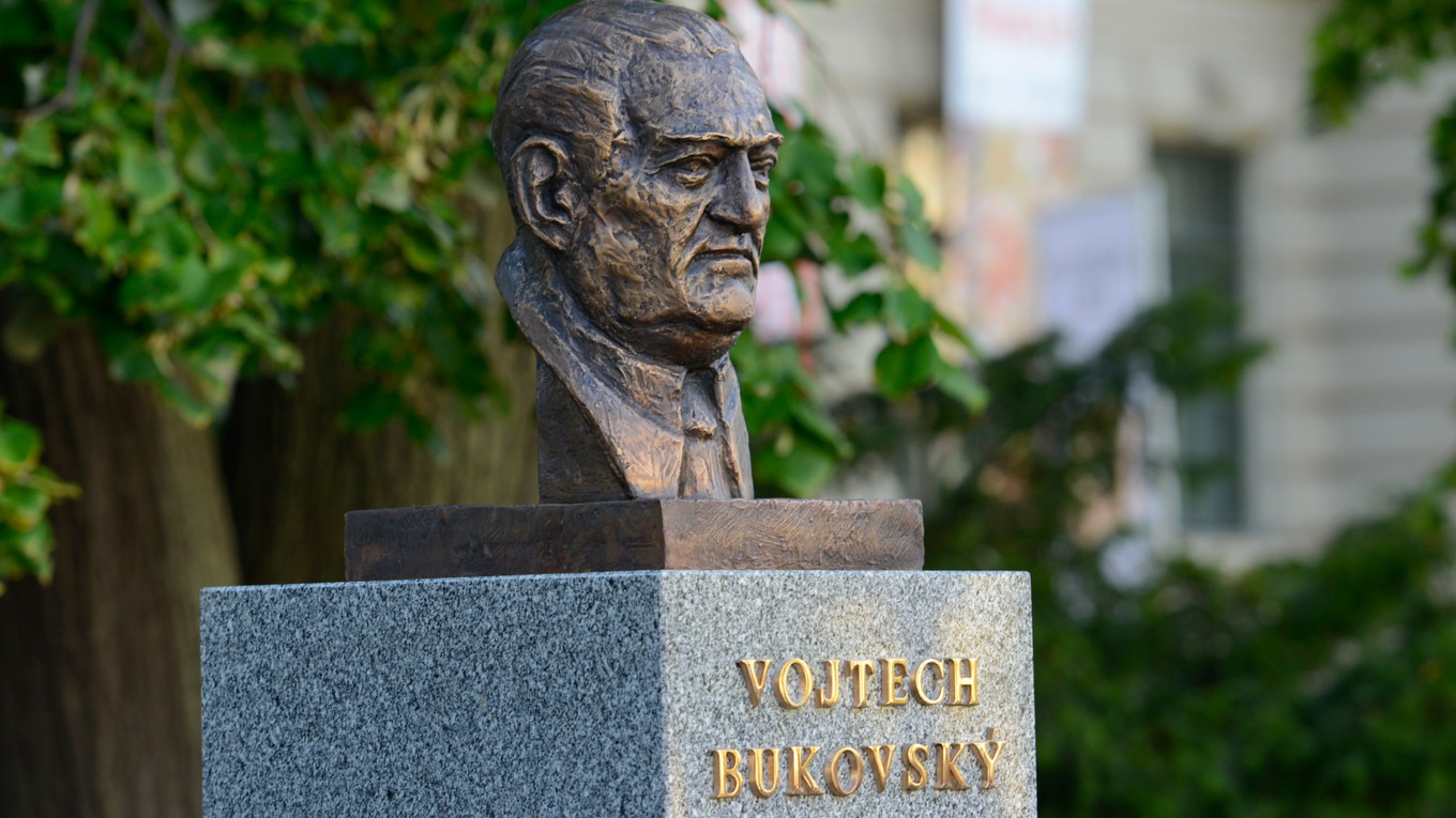 Busta Vojtecha Bukovského, zakladateľa Medzinárodného maratónu mieru, po odhalení na Námestí Maratónu mieru v Košiciach 14. septembra 2018. Autorom bronzovej busty je košický sochár Arpád Račko.