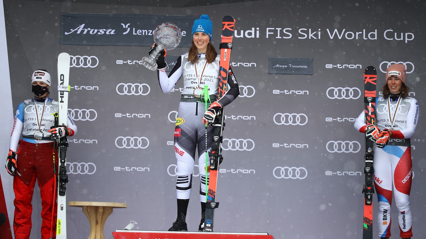 Lara Gutová-Behramiová, Petra Vlhová a Michelle Gisinová - tri najlepšie lyžiarky sezóny.