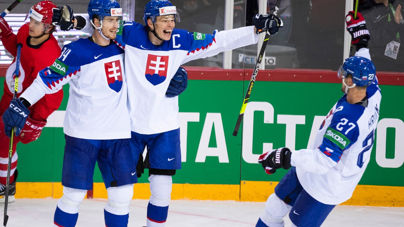 Marek Ďaloga strelil gól v zápase Slovensko - Rusko na MS v hokeji 2021.