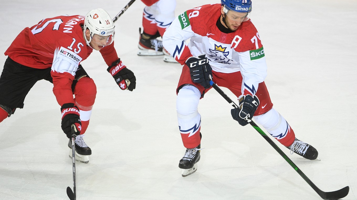 Momentka zo zápasu Česko - Švajčiarsko na MS v hokeji 2021.