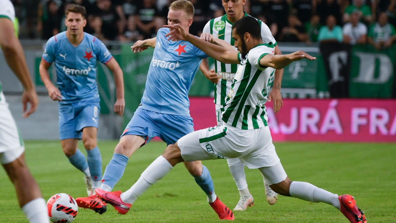 Momentka z prvého zápasu 3. predkola Ligy majstrov Ferencváros Budapešť - SK Slavia Praha.