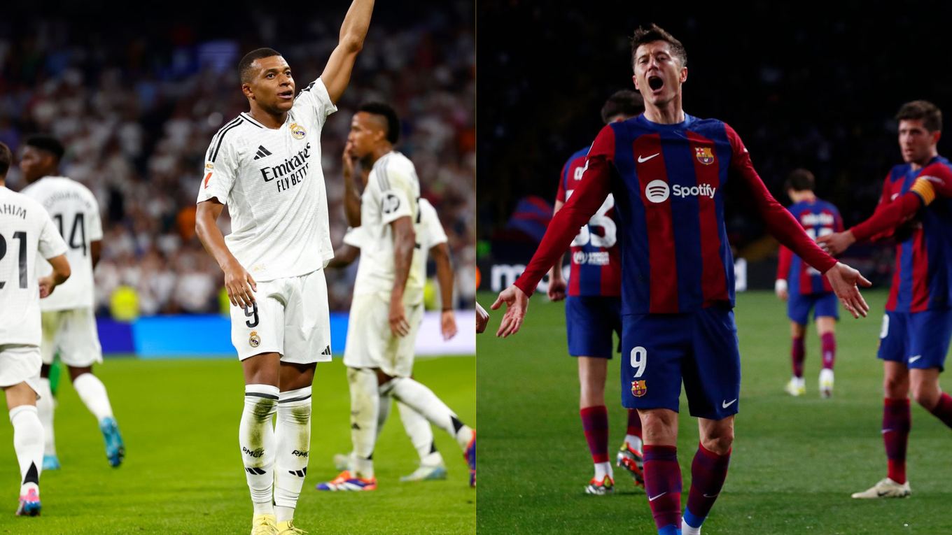 Kylian Mbappé (vľavo) v drese Realu Madrid a Robert Lewandowski v drese FC Barcelona.