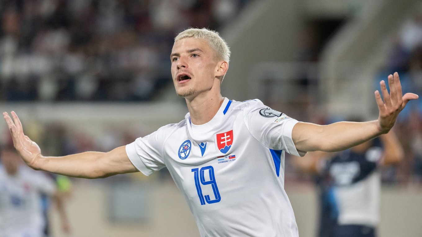 Tomáš Rigo (Slovensko) sa teší z gólu počas zápasu A-skupiny európskej kvalifikácie MS 2026 vo futbale Luxembursko - Slovensko. 