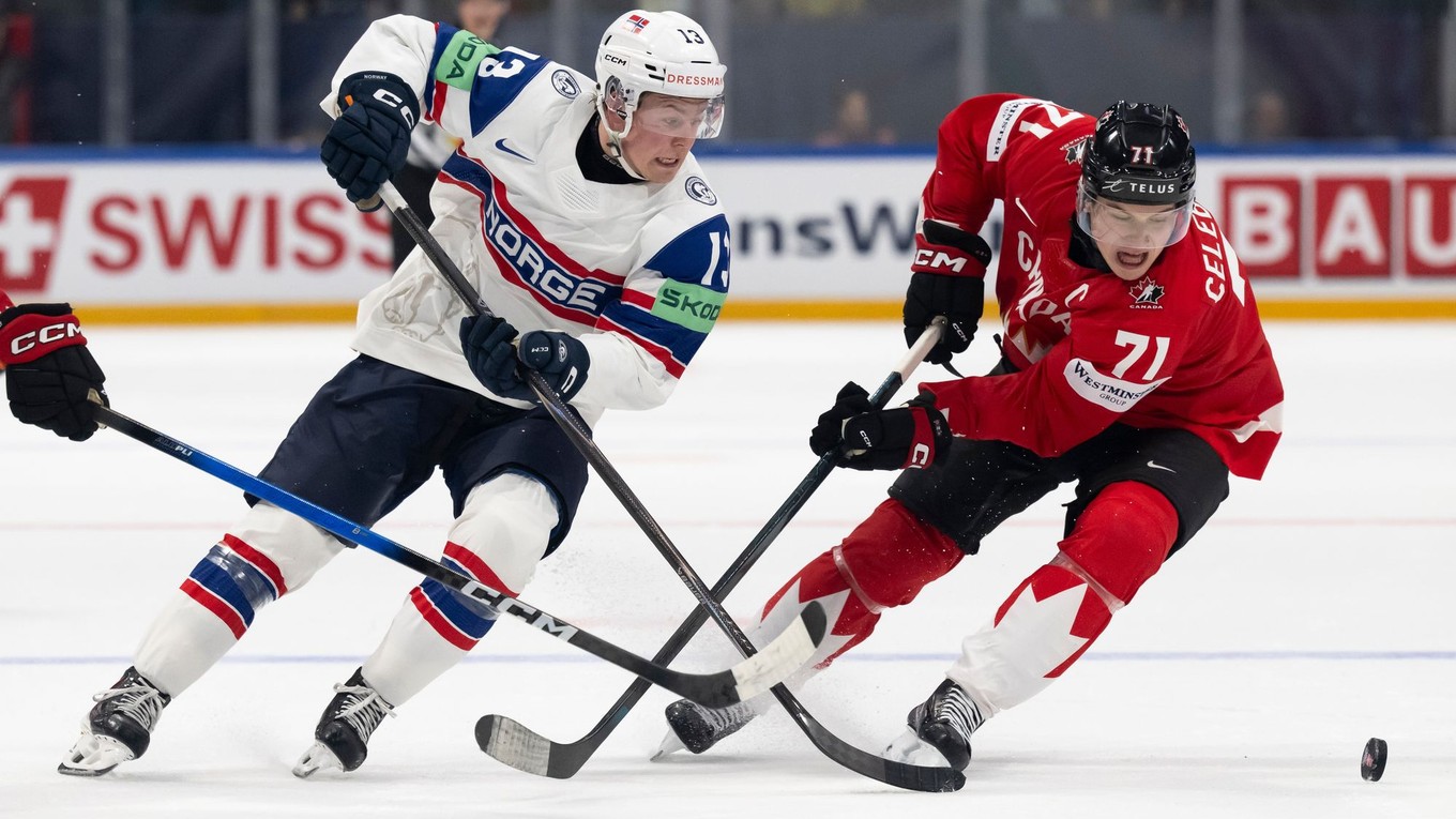 Petter Vesterheim z Nórska a Macklin Celebrini z Kanady na MS v hokeji 2026.