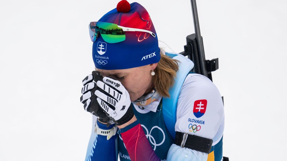 Anastázia Kuzminová v cieli počas pretekov na 7,5km šprint žien. 