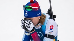 Anastázia Kuzminová v cieli počas pretekov na 7,5km šprint žien. 