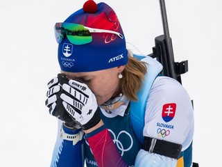 Anastázia Kuzminová v cieli počas pretekov na 7,5km šprint žien. 