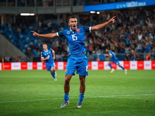 Dávid Strelec oslavuje gól v zápase  Slovensko - Nemecko (Kvalifikácia MS 2026)