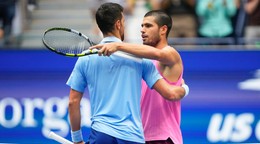 Novak Djokovič a Carlos Alcaraz po semifinále US Open 2025