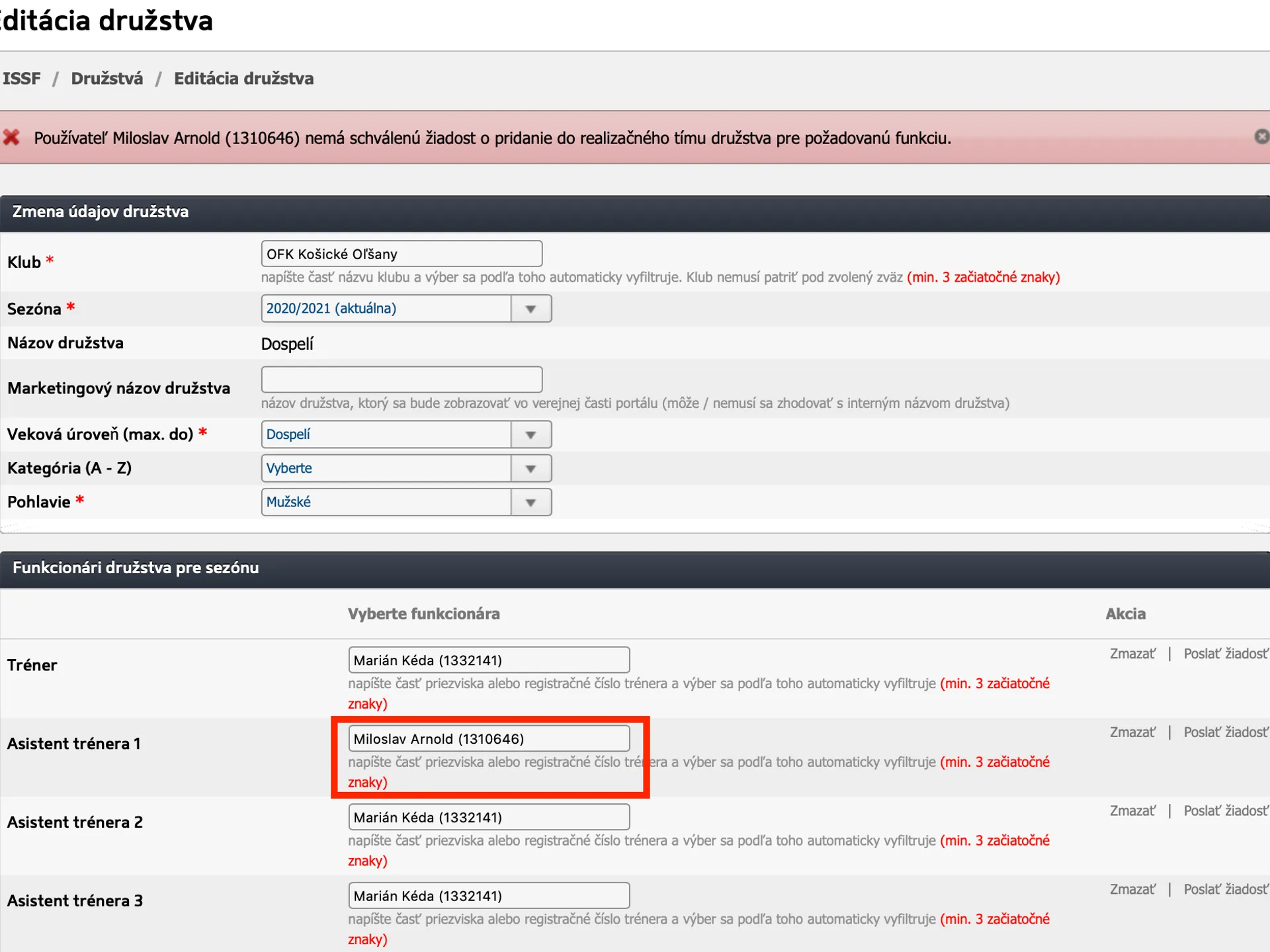 Správa realizačného tímu na družstve "Funkcionári družstva pre sezónu"