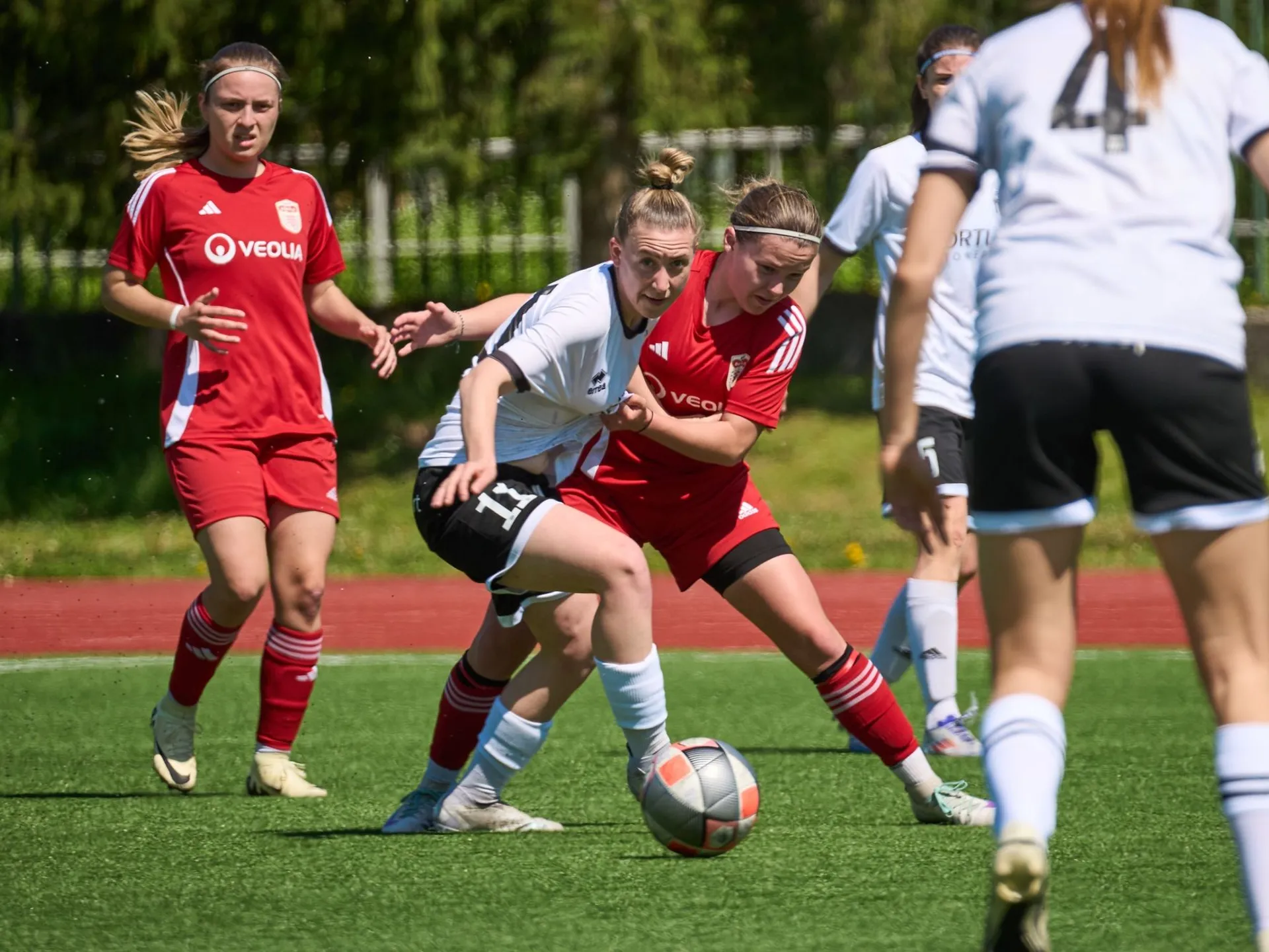 Hráčky MFK Dukla Banská Bystrica zvíťazili nad MŠK Žilina, ilustračná snímka je zo zápasu 5. kola nadstavbovej časti o záchranu 2024/25 MFK Dukla Banská Bystrica – FC Petržalka.
