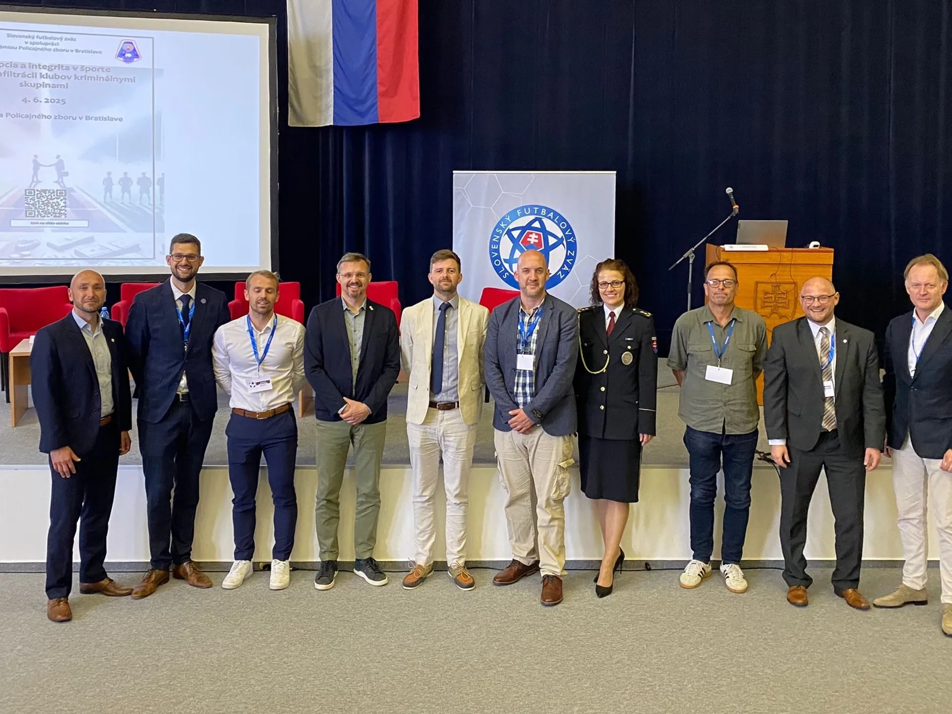 Snímka z medzinárodnej konferencie organizovanej Slovenským futbalovým zväzom (SFZ) v spolupráci s Akadémiou Policajného zboru (APZ) v Bratislave (4.6.2025).