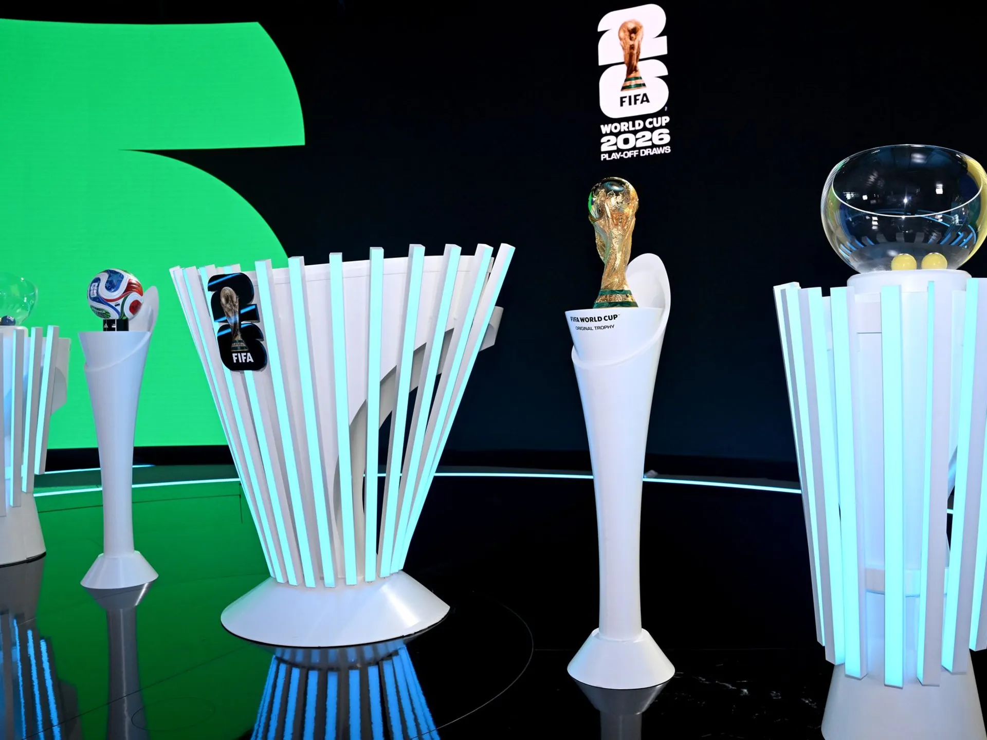 ZURICH, SWITZERLAND - NOVEMBER 20: A general view of the FIFA World Cup trophy on display on stage prior to the FIFA World Cup 2026 Play-Off Tournament and European Play-Off Draw at Home of FIFA on November 20, 2025 in Zurich, Switzerland. (Photo by Marcio Machado - FIFA/FIFA via Getty Images)

- Color Image
- Horizontal
- sport
- soccer
- club soccer