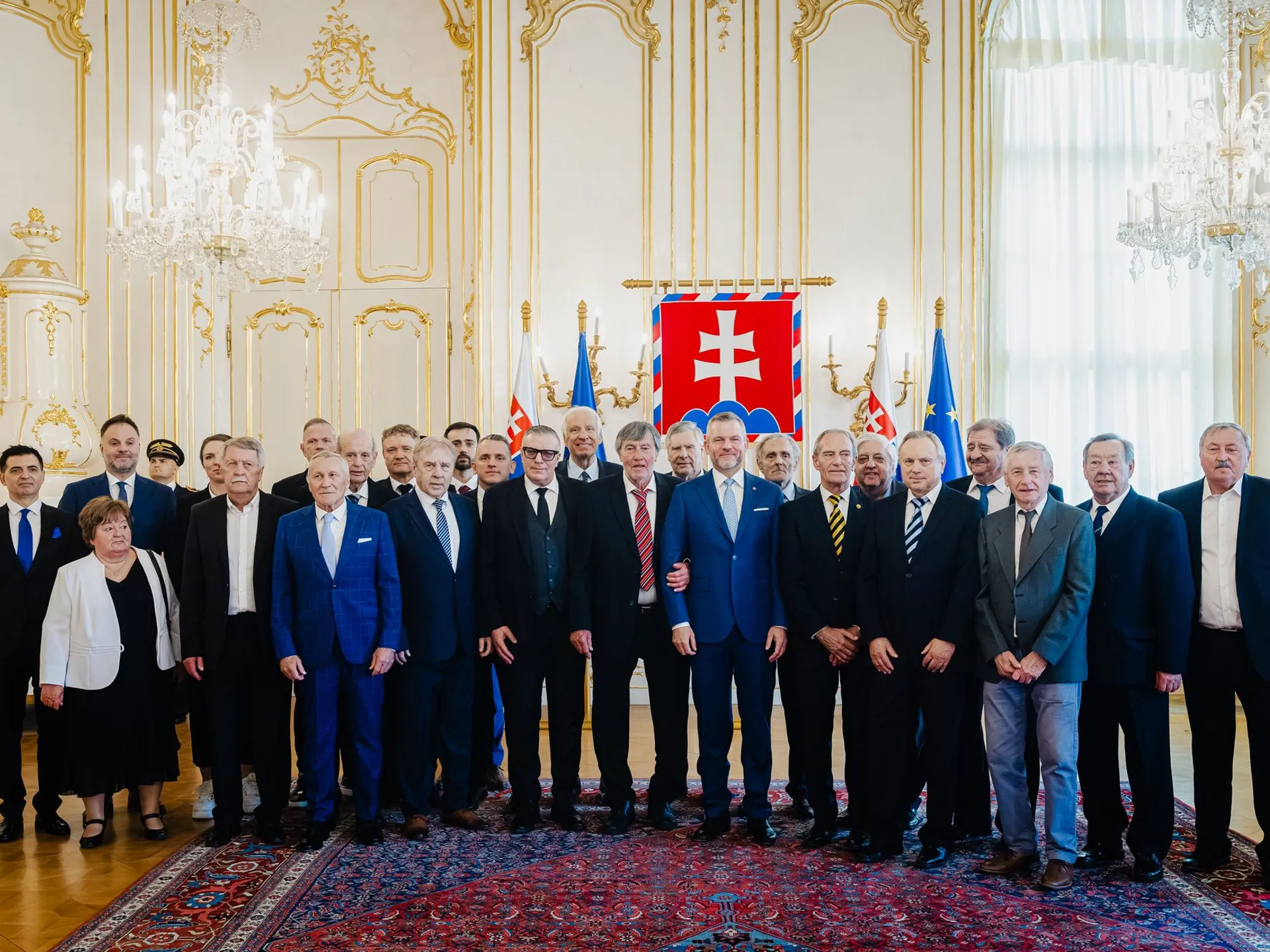 Prezident SR Peter Pellegrini prijal  Majstrov Európy z roku 1976 v prezidentskom paláci pri príežitosti 50. výročia od triumfu v Belehrade. Bratislava, 24. marca 2026.
