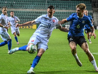 Na snímke Róbert Boženík a Michael Schjönning-Larsen v zápase Estónsko - Slovensko 0:1 (05.09.2024, Tallinn).