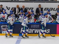 Slovenskí hokejisti sa tešia z gólu počas prípravného hokejového zápasu Nemecko - Slovensko.