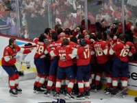 Florida Panthers players celebrate after defeating the Edmonton Oilers in Game 7 of the NHL hockey Stanley Cup Final, Monday, June 24, 2024, in Sunrise, Fla. The Panthers defeated the Oilers 2-1. (AP Photo/Rebecca Blackwell)