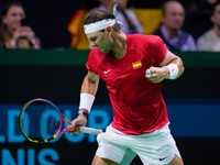 Spain's tennis player Rafael Nadal reacts during a Davis Cup quarterfinal match against Netherlands' Botic Van De Zandschulp at Martin Carpena Sports Hall in Malaga, southern Spain, on Tuesday, Nov. 19, 2024. (AP Photo/Manu Fernandez)