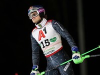 Brazil's Lucas Pinheiro Braathen fails to complete an alpine ski, men's World Cup slalom, in Schladming, Austria, Wednesday, Jan. 29, 2025. (AP Photo/Marco Trovati)