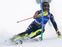 Sweden's Sara Hector speeds down the course during an alpine ski, women's World Cup slalom, in Sestriere, Italy, Sunday, Feb. 23, 2025. (AP Photo/Piermarco Tacca)