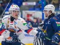 Na snímke zľava Milan Pišoja (Zvolen), Róbert Džugan (Spišská Nová Ves) počas prvého zápasu štvrťfinále play-off Tipos extraligy HK Spišská Nová Ves - HKM Zvolen v Spišskej Novej Vsi 19. marca 2025. FOTO TASR - Veronika Mihaliková

- SR
- KEX
- šport
- hokej
- Tipos
- extraliga
- play-off
- štvrťfinále
- HK
- Spišská
- Nová
- Ves
- HKM
- Zvolen
- Slovensko