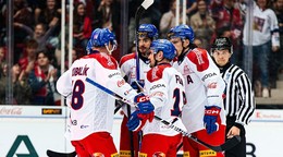 Českí hokejisti oslavujú gól.