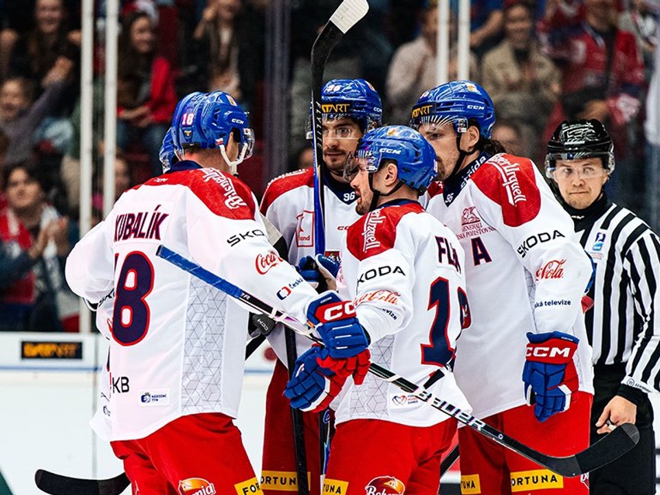 Českí hokejisti oslavujú gól.