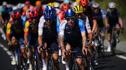 Britain's Jake Stewart sets the pace for the pack during the eighteenth stage of the Tour de France cycling race over 179.5 kilometers (111.5 miles) with start in Gap and finish in Barcelonette, France, Thursday, July 18, 2024. (AP Photo/Daniel Cole)