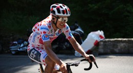 Ecuador's Richard Carapaz, wearing the best climber's dotted jersey, rides during the twentieth stage of the Tour de France cycling race over 132.8 kilometers (82.5 miles) with start in Nice and finish in La Couillole pass, France, Saturday, July 20, 2024. (AP Photo/Daniel Cole)