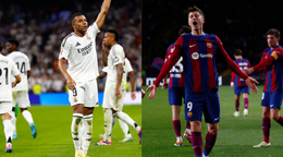 Kylian Mbappé (vľavo) v drese Realu Madrid a Robert Lewandowski v drese FC Barcelona.