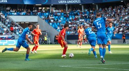 Momentka zo zápasu Slovensko - Španielsko v skupine A na EURO U21 2025 (ME vo futbale do 21 rokov 2025).