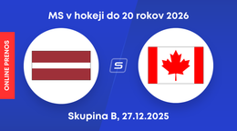 Lotyšsko - Kanada: ONLINE prenos zo zápasu skupiny B na MS v hokeji do 20 rokov 2026.